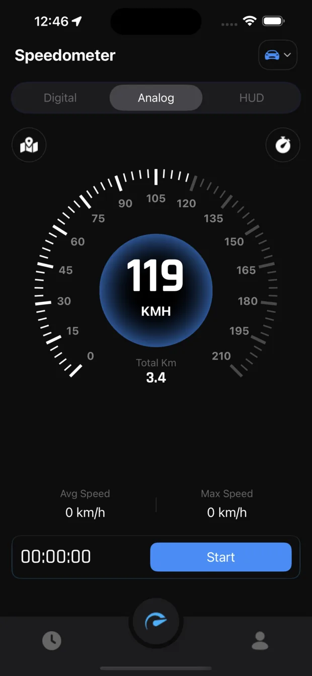Analog gauge mode showing 119 KMH on a 0-210 dial, with total distance, average speed and maximum speed below