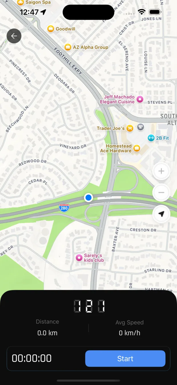Map view following the route, with a seven-segment speed readout, trip distance and average speed docked below