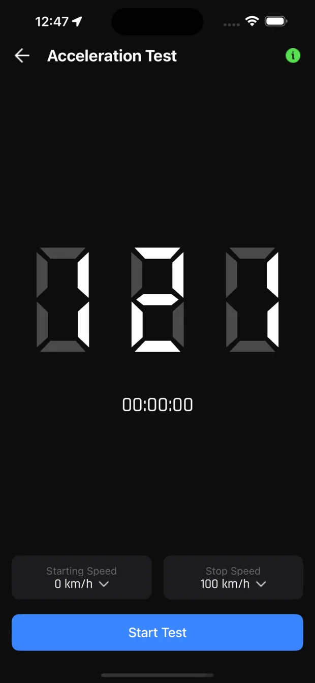 Acceleration test screen with seven-segment numerals, a stopwatch, and pickers for starting speed and stop speed