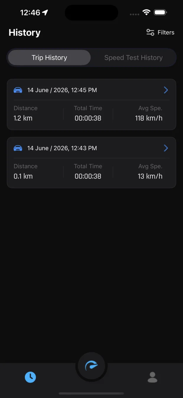 Trip history list showing two recorded drives with date, distance, total time and average speed