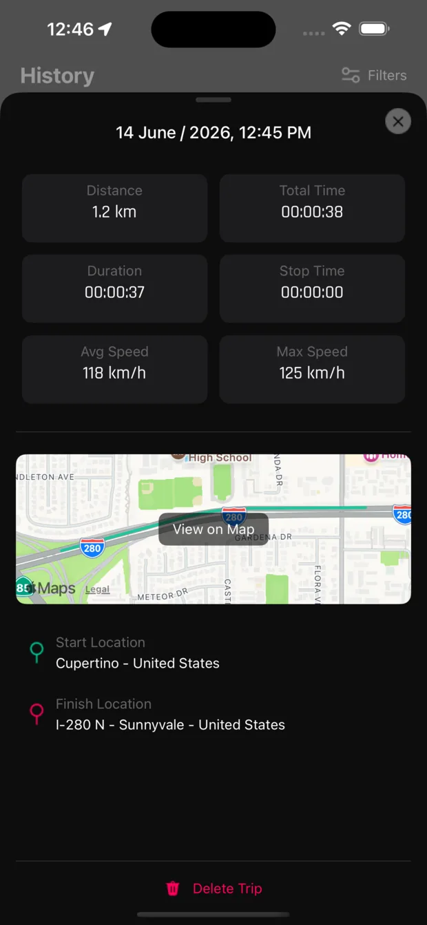 Trip detail sheet: distance, total time, duration, stop time, average and maximum speed, the route on a map and the start and finish locations