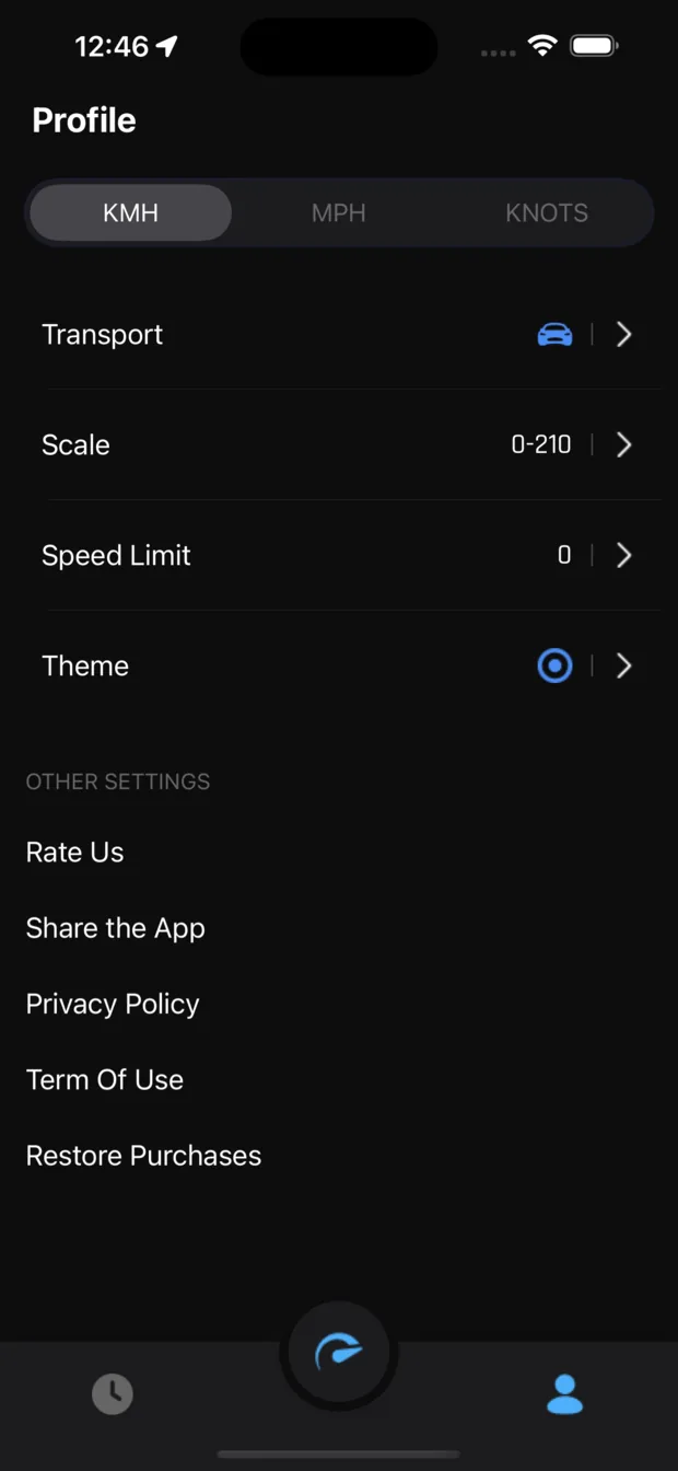 Settings screen with the KMH, MPH and KNOTS unit selector, transport type, gauge scale, speed limit and theme options